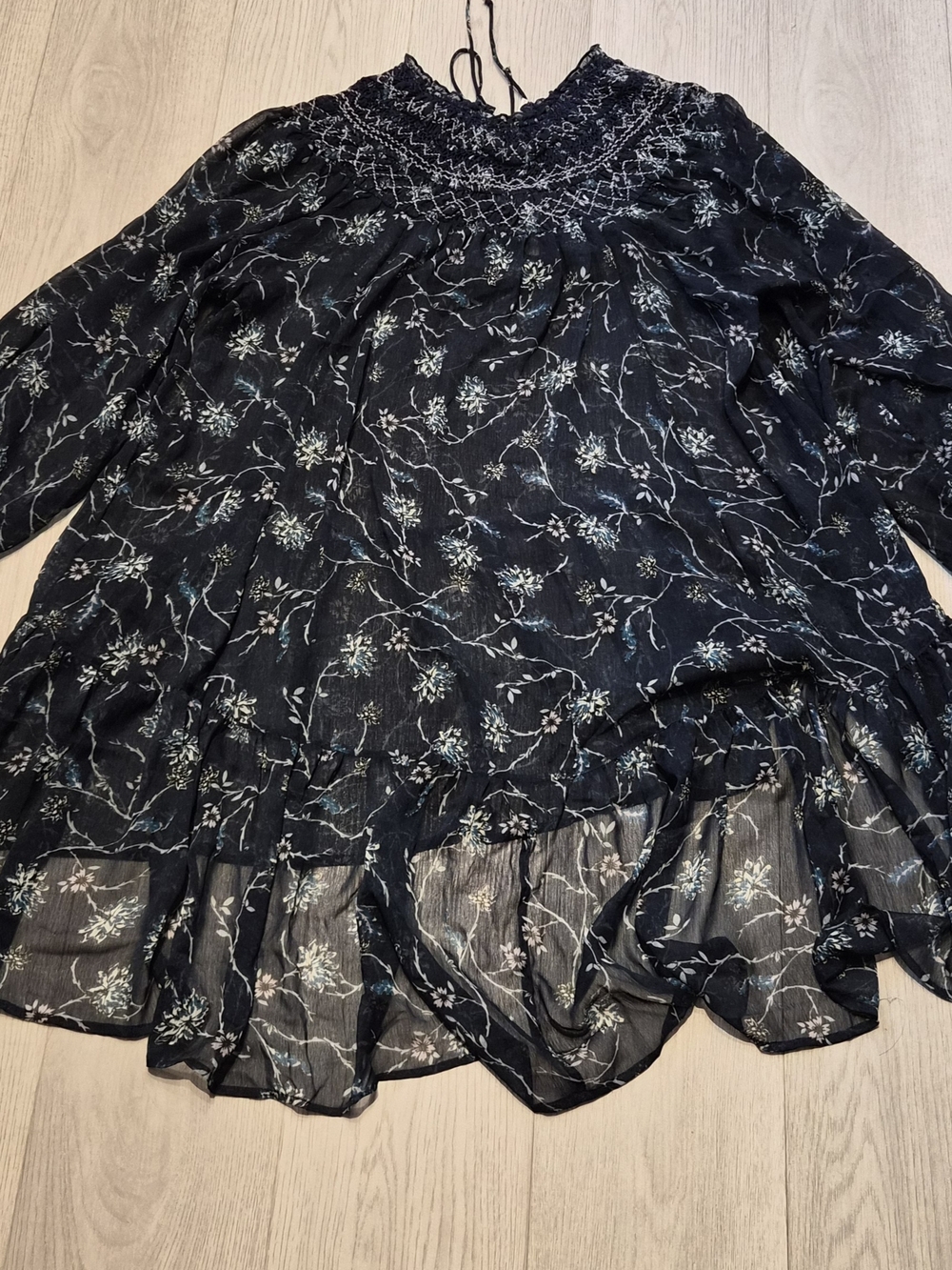 Free People Blue Floral Smocked-Neck Peasant Tunic